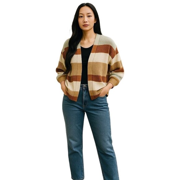 Nine West Fall Colors Striped Lightweight Knit Open Front Cardigan Sweater Large - Picture 1 of 9